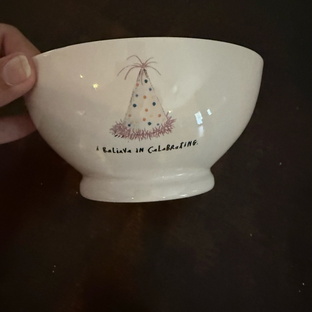 Rae Dunn- “I believe in celebrating” bowl. Pink inside